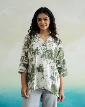 Green V-Neck Geometric Print Cotton Top For Women
