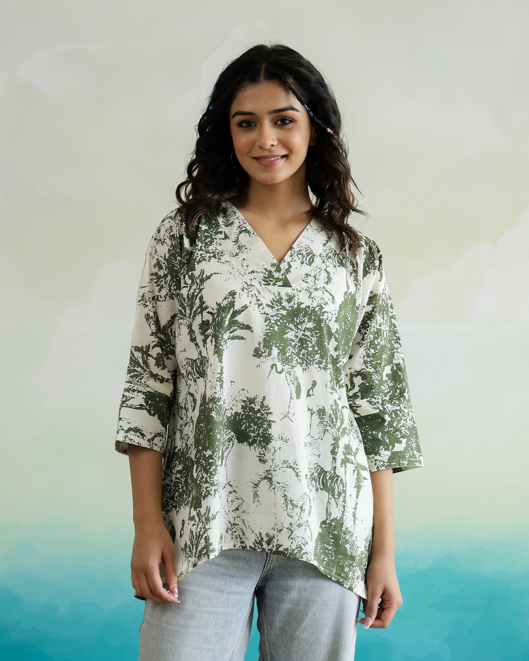 Green V-Neck Geometric Print Cotton Top For Women
