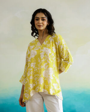 Yellow Floral Print V-Neck Cotton Top For Women