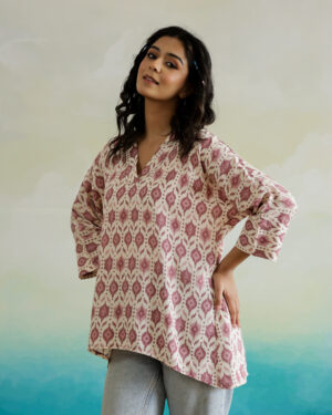 Cream Motif Print V-Neck Cotton Top For Women
