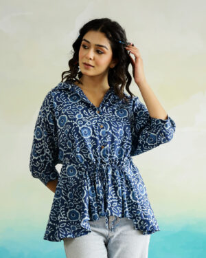 Blue V-Neck Printed Cotton Top For Women