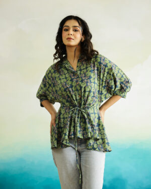 Green Abstract Print Shirt Collar Cotton Top For Women