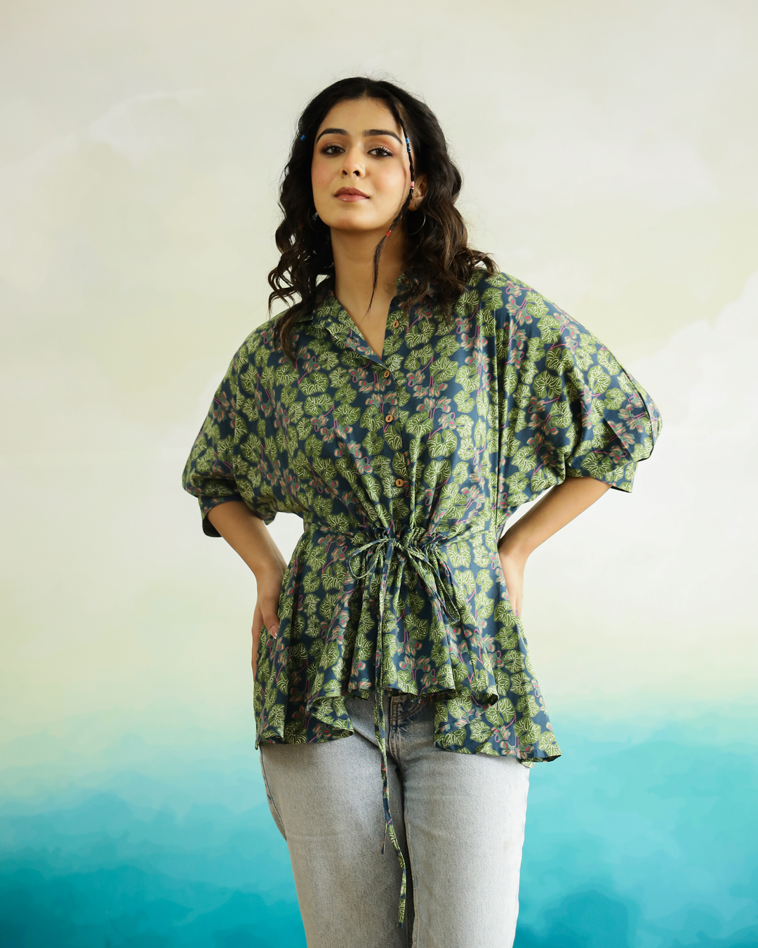 Green Abstract Print Shirt Collar Cotton Top For Women