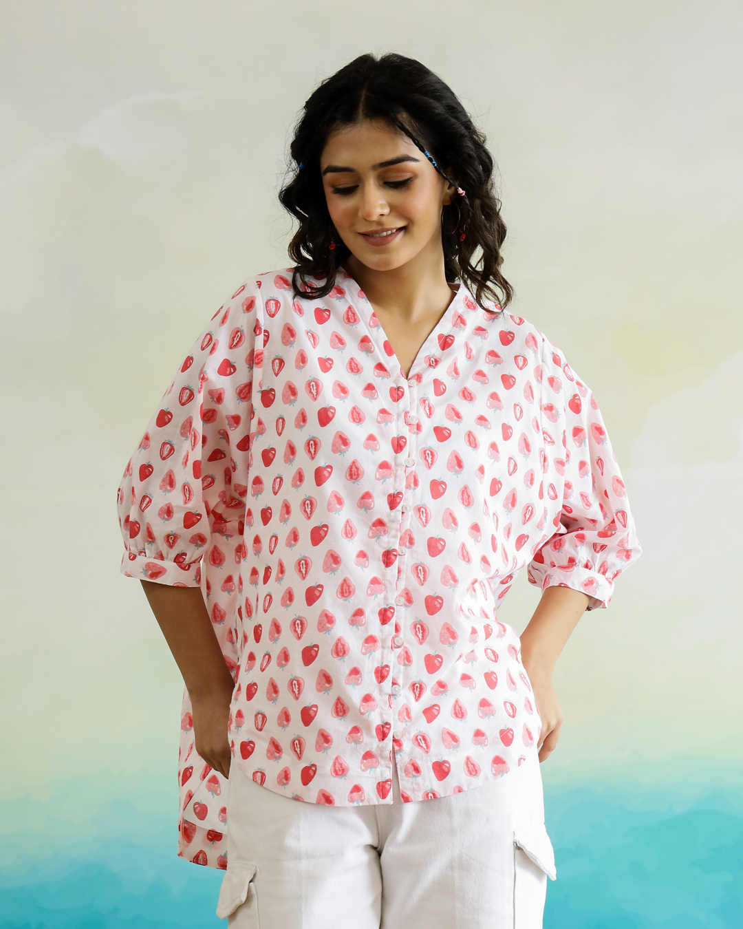 Pink V-Neck Pure Cotton Conversational Printed Top For Women