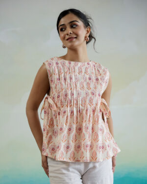 Beige Round Neck Motif Print Cotton Top For Women