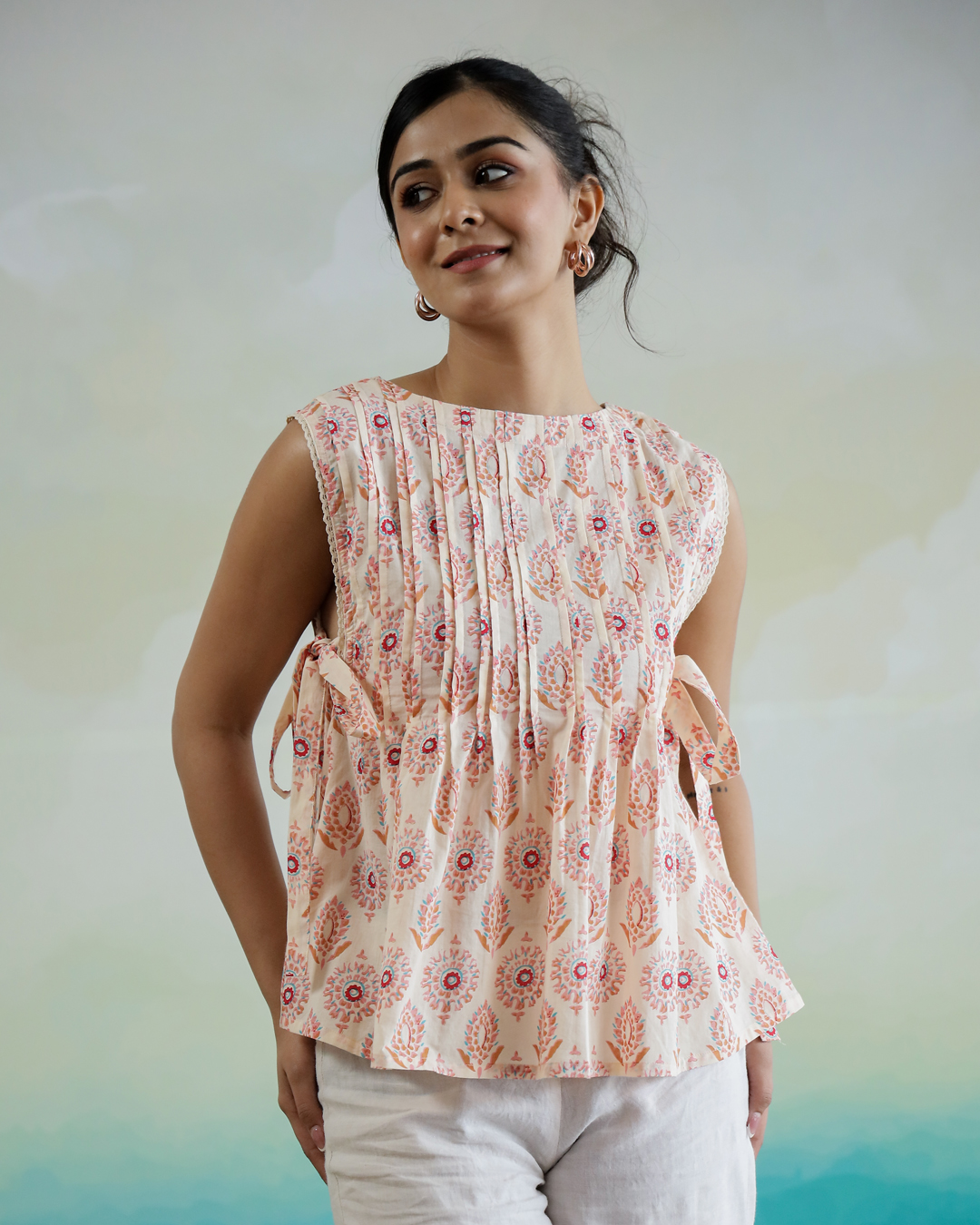 Beige Round Neck Motif Print Cotton Top For Women