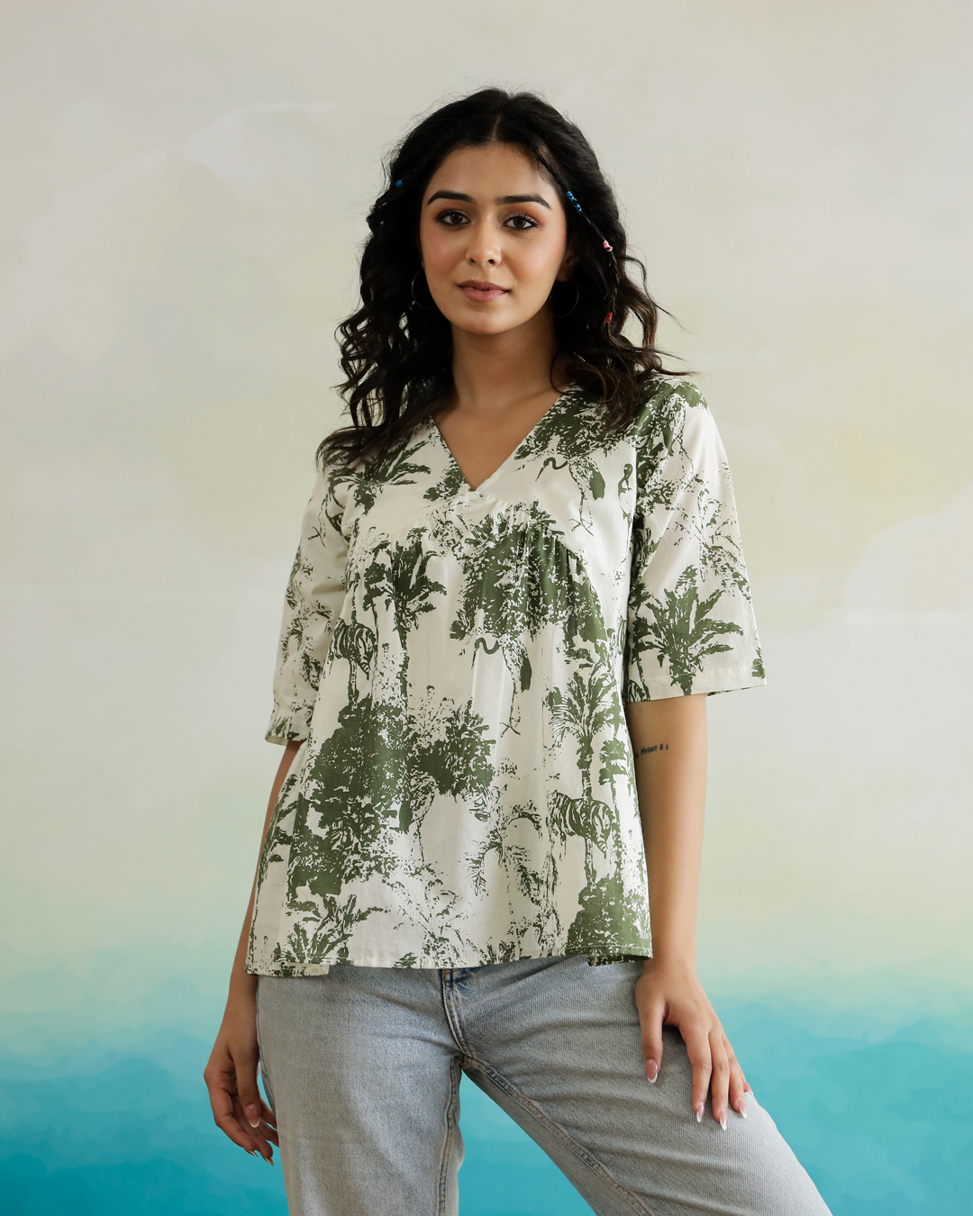 Green Floral Print Peplum Top For Women