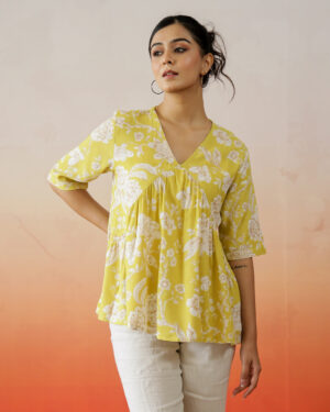 Yellow Floral Print V-Neck Top For women