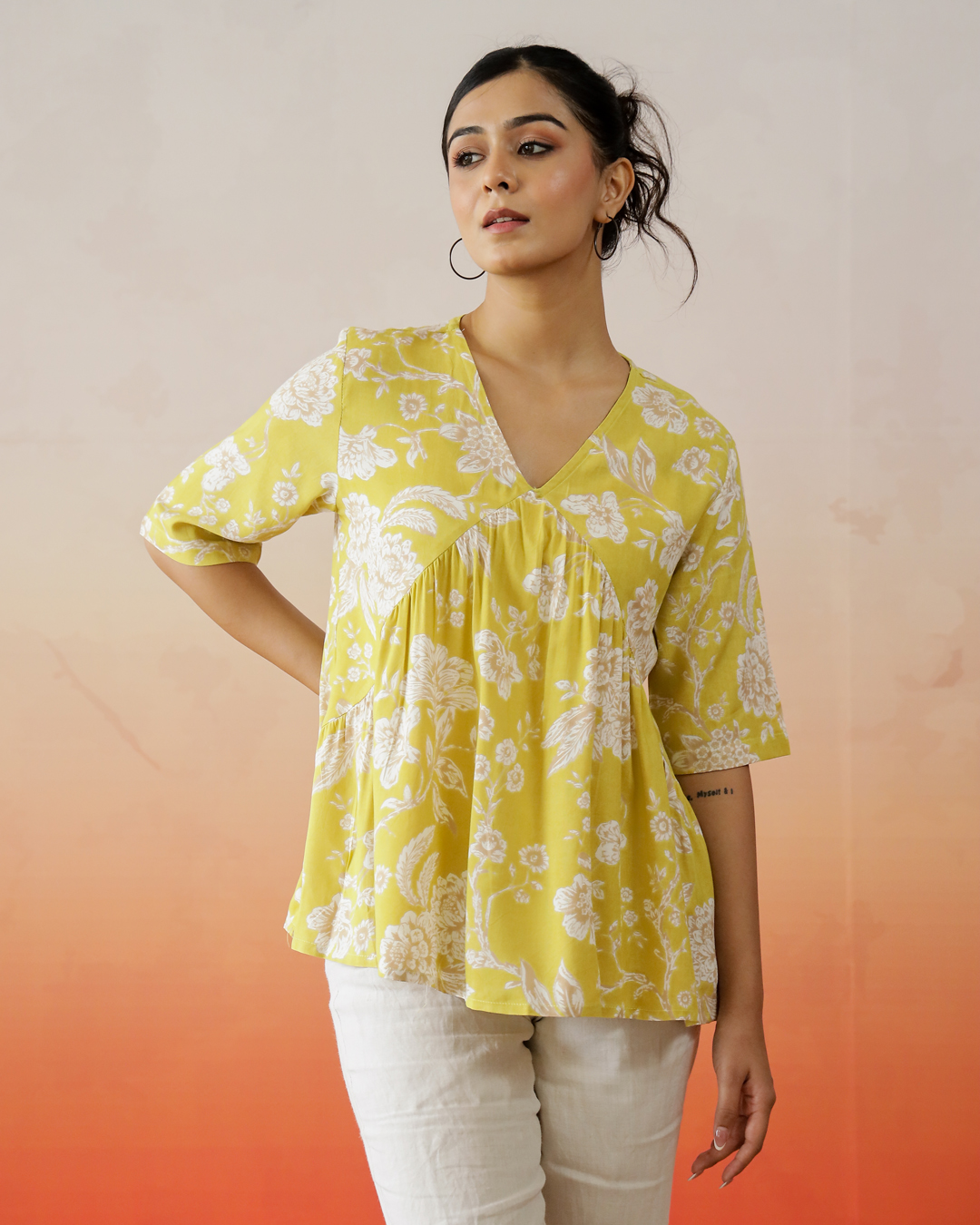 Yellow Floral Print V-Neck Top For women