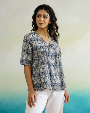 Navy Blue V-Neck Ethnic Motifs Print Pure Cotton Top For Women