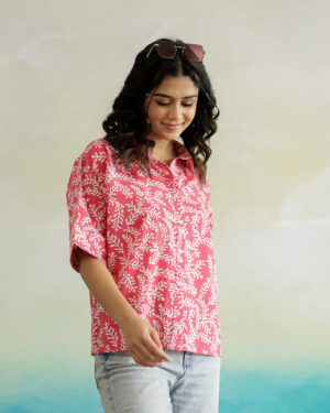 Pink Floral Print Shirt Collar Cotton Top For Women