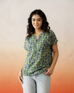 Green Floral Print Round Neck Cotton Top Fpr Wpmen