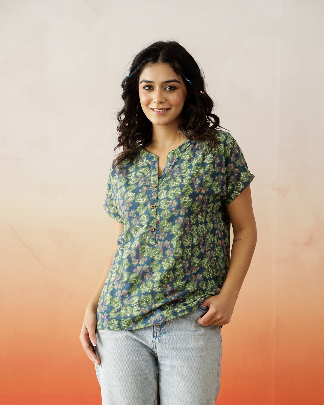Green Floral Print Round Neck Cotton Top Fpr Wpmen