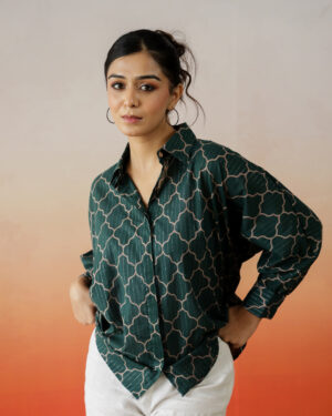 Green Solid Print Cotton Top For Women