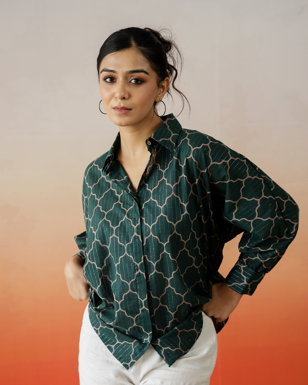 Green Solid Print Cotton Top For Women