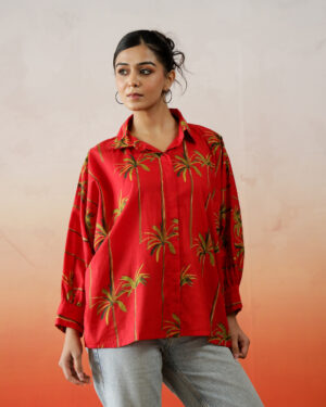 Red Floral PrintCotton Top For Women