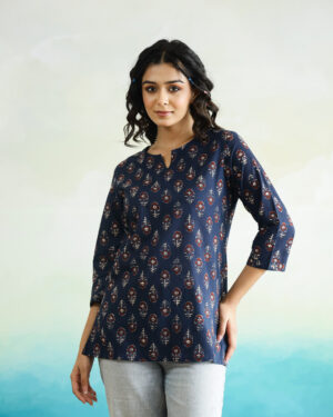 Blue Round Neck Motif Print Cotton Top For Women