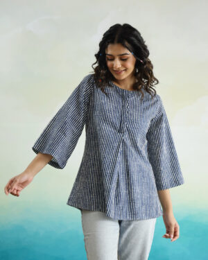 Blue Round Neck Striped Print Cotton Top For Women