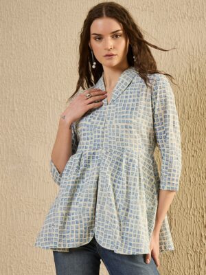Blue Lapel Collar Geometric Print Cotton Top For Women