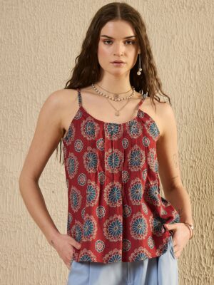 Blue Round Neck Ethnic Motifs Cotton Top For Women