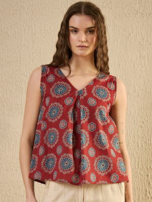 Blue V-Neck Geometric Cotton Top For Women