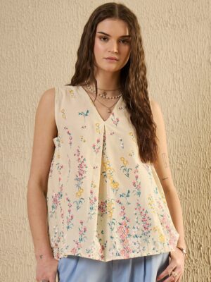 Multi V-Neck Floral Cotton Top For Women