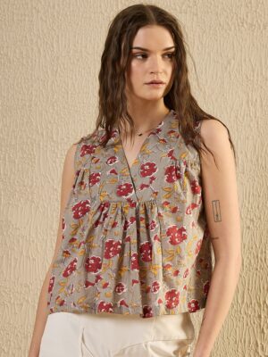 Red Floral Print Cotton Top For Women