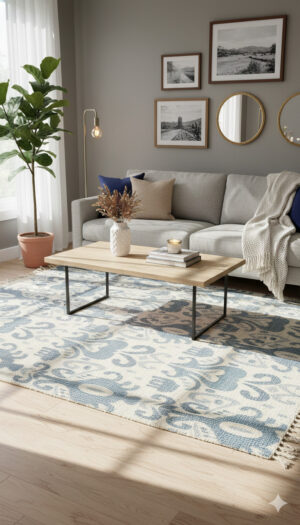 Off White & Slate Blue Geometric Cotton Woven Area With Fringed Edges Rug