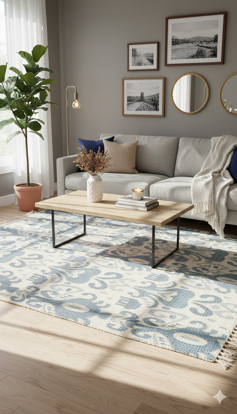 Off White & Slate Blue Geometric Cotton Woven Area With Fringed Edges Rug