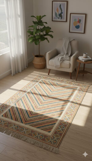 Multi Color Woven Digital Print With Fringed Edges Cotton Rug
