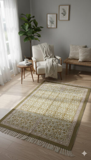 Beige Cotton Abstract Block Print Fringed Edges Rugs