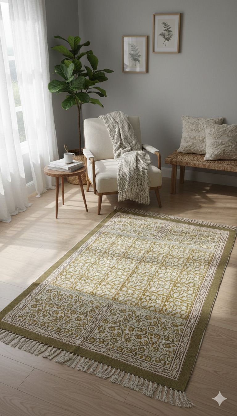 Beige Cotton Abstract Block Print Fringed Edges Rugs