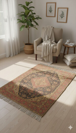 Rust  Polyester Woven Digital Print With Tassels And Fringed Edges Rug