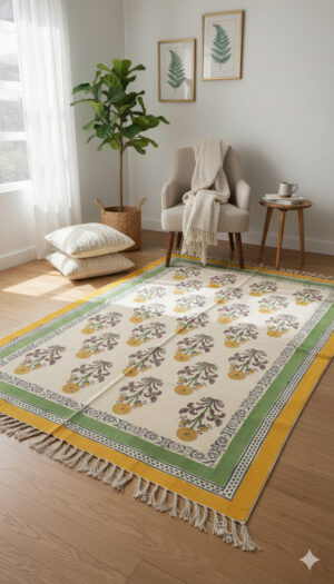 Yellow & Green Block Printed Cotton Area With Fringed Edges Rug