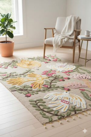 Multi Color Floral Print Woven Cotton Jute Tufted Rug