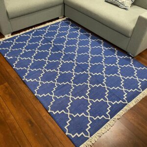 Hand-Weaved Green-Beige Cotton Wool Rug