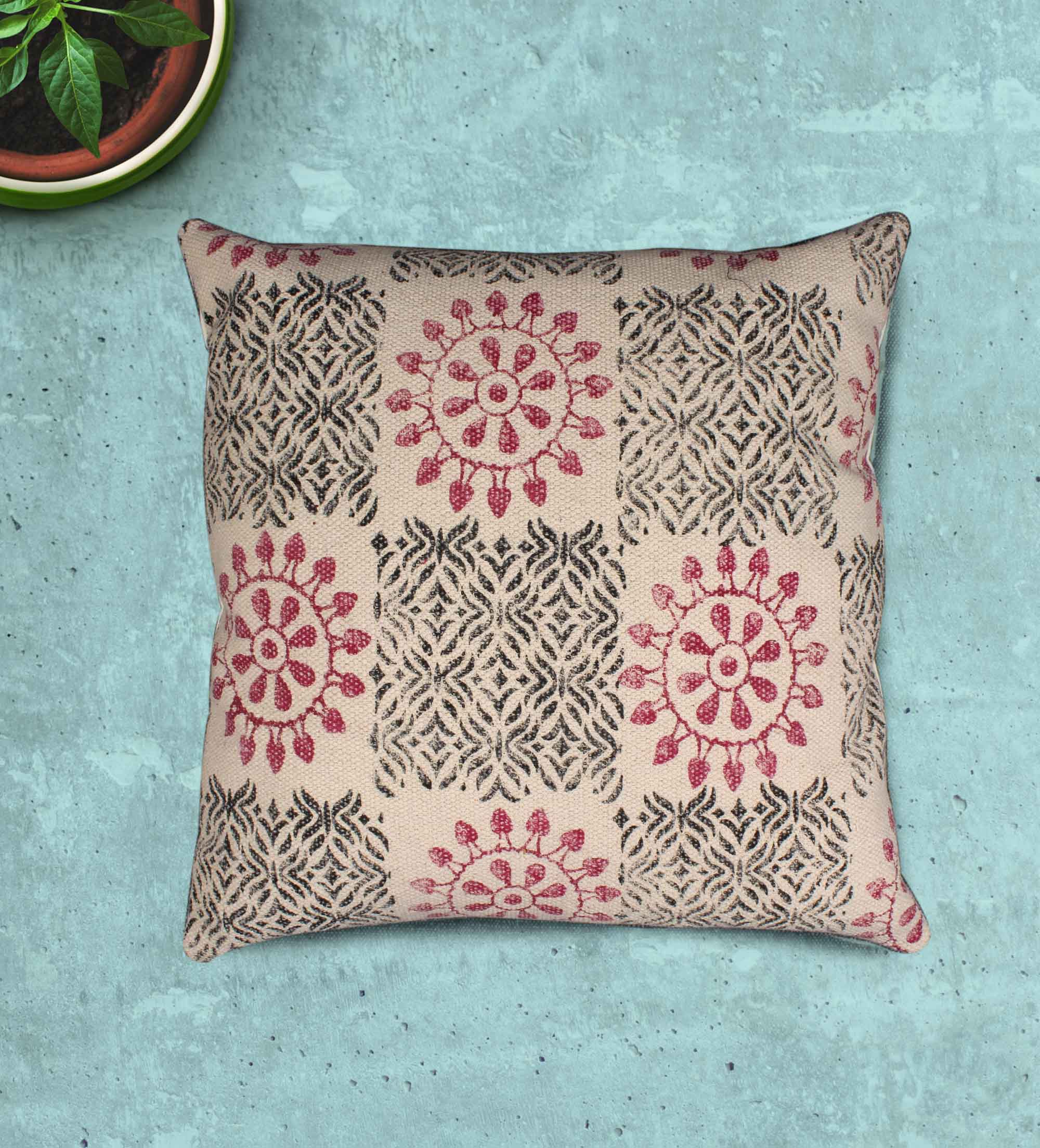 Beige Ethnic Floral & Geometric Cushion Cover