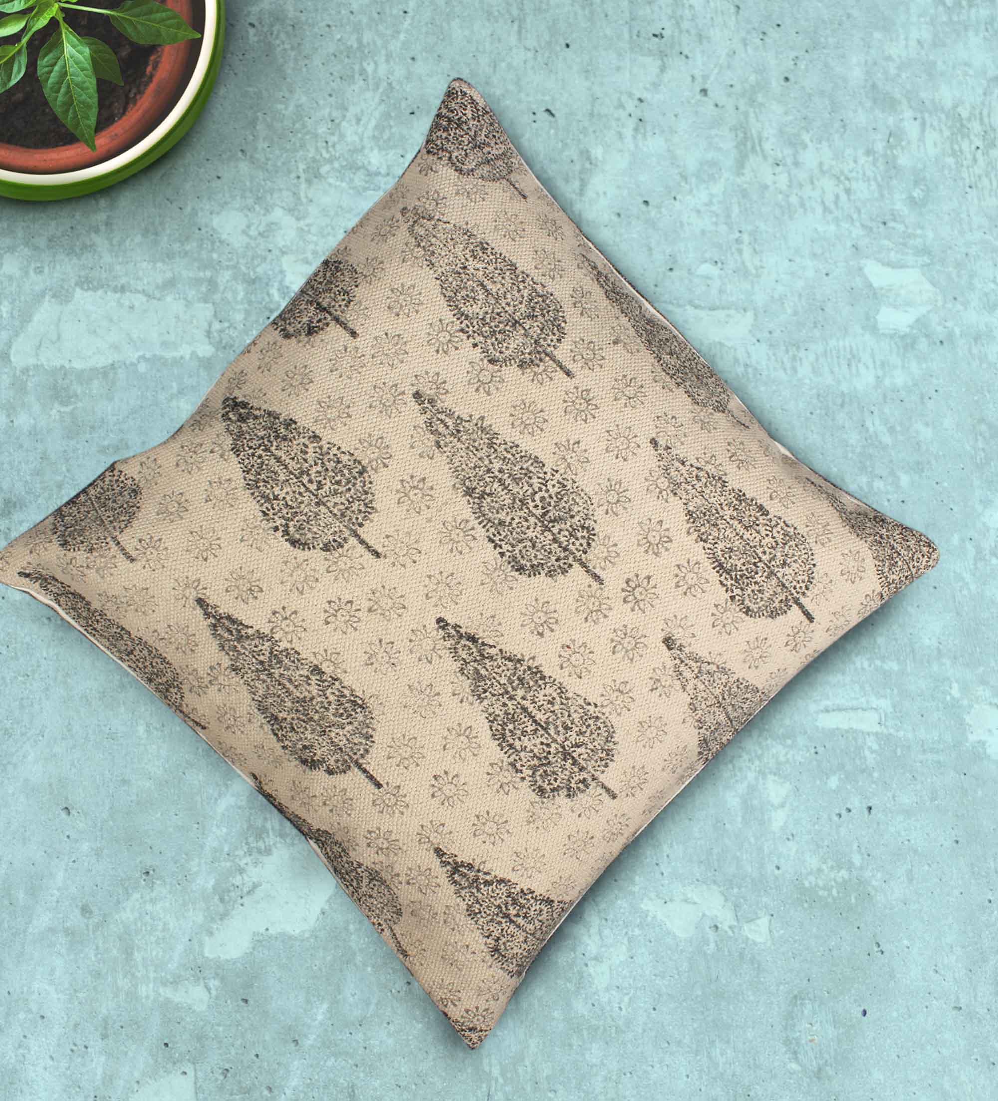Beige Hand Block Inspired Tree Cushion Cover