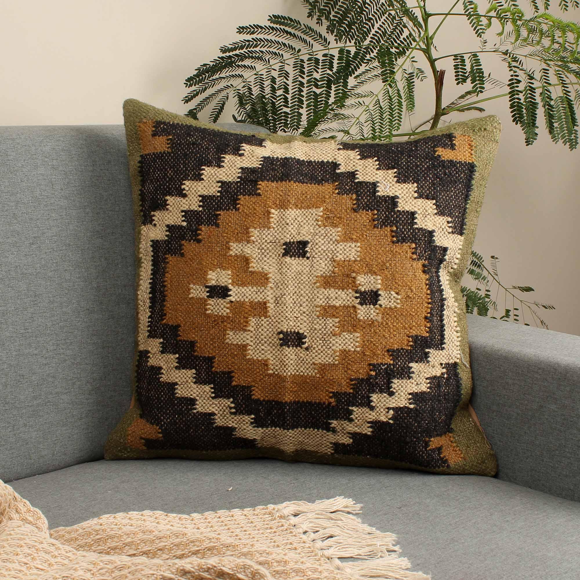 Rustic Warm Honey & Moss Green Wool Jute Handcrafted Cushion Cover