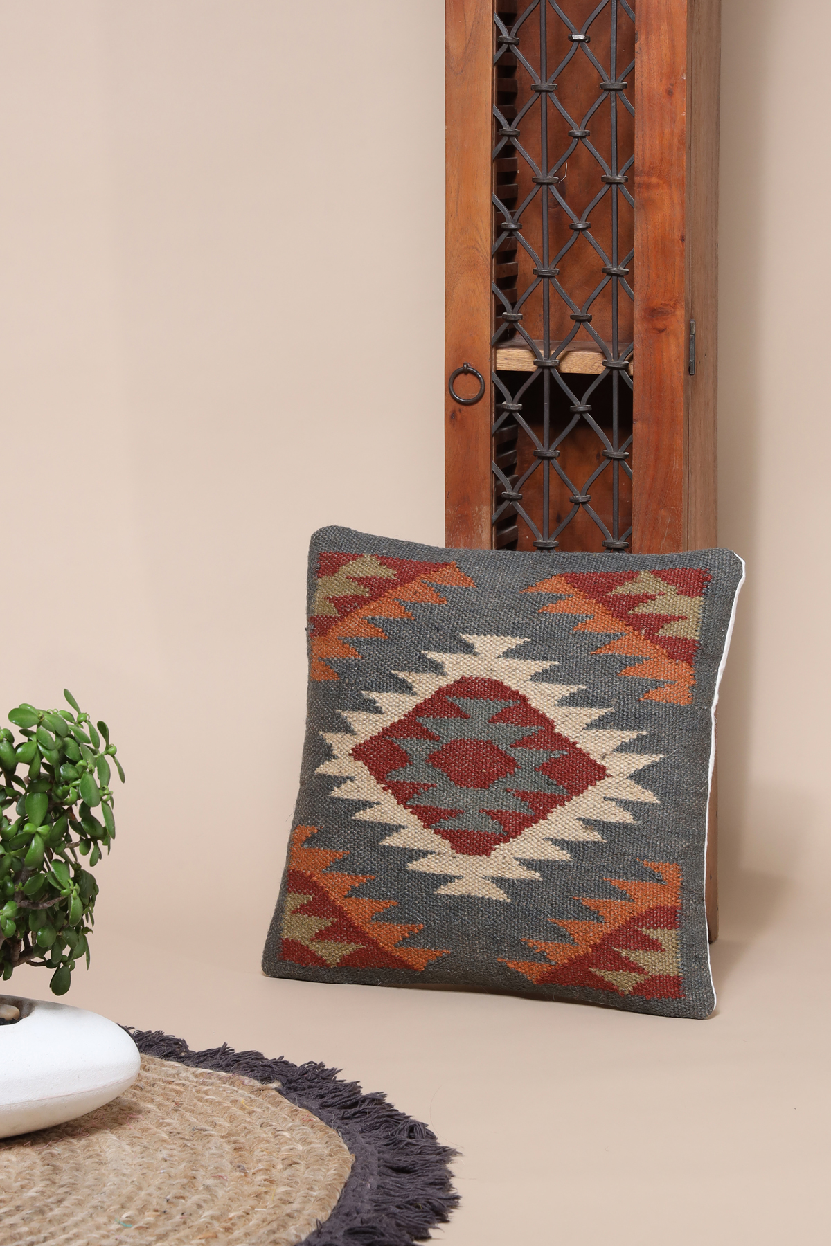 Charcoal & Rust Kilim Diamond Cushion Cover