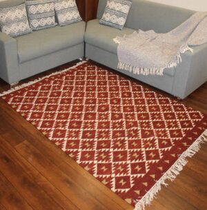 Handmade Red and Cream Diamond Pattern Area Rug with Fringe