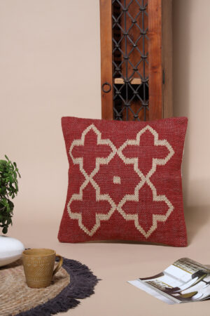 Red GeometricHand-Made Jute Cushion Cover