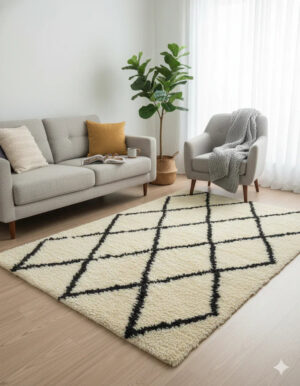 Black-White Morocco Soft Wool Hand-Woven Rug