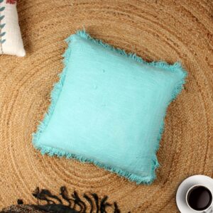 Turquoise Solid Fringed Cotton Cushion Cover