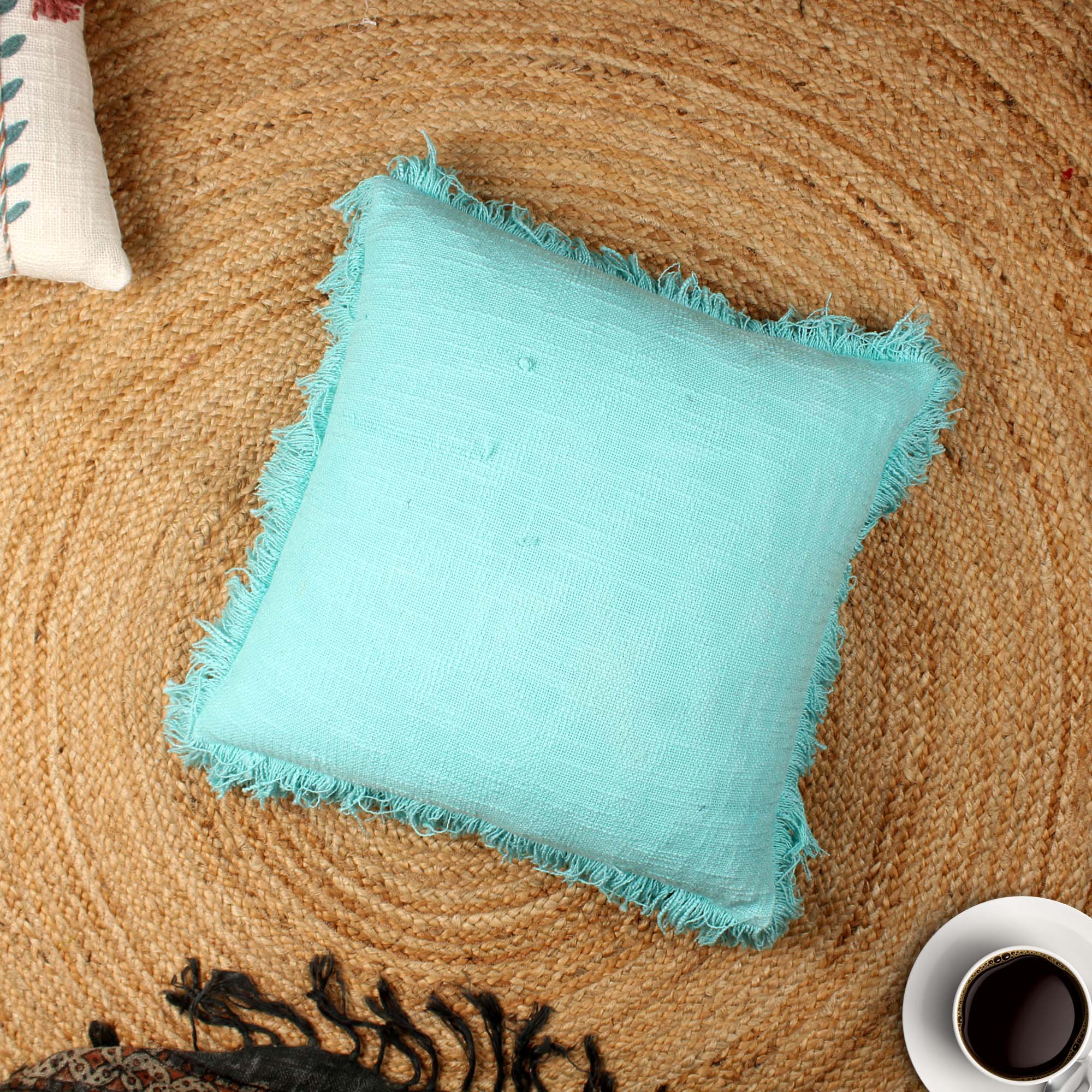 Turquoise Solid Fringed Cotton Cushion Cover