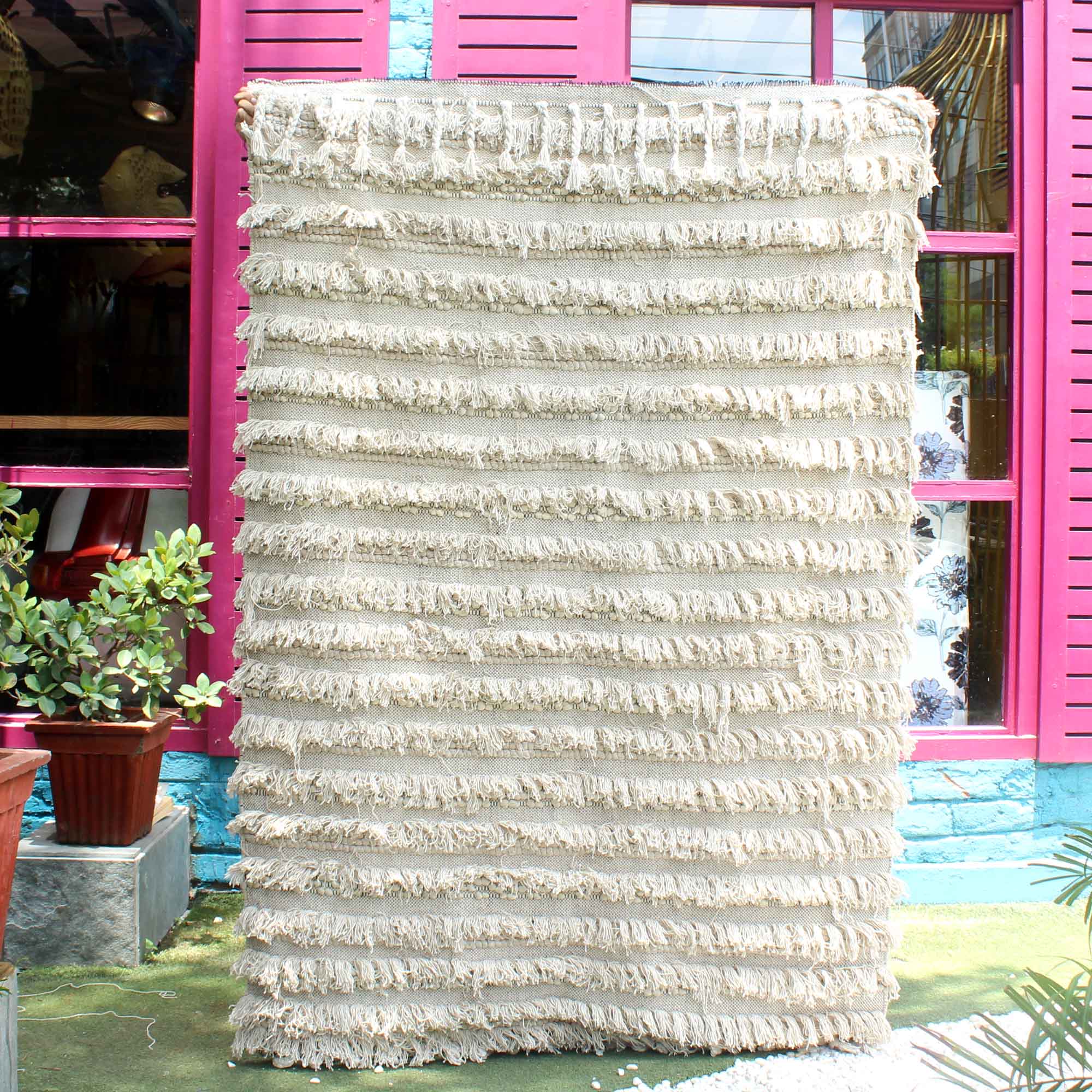 Hand-Weaved 100% Cotton Woven Beige Rug