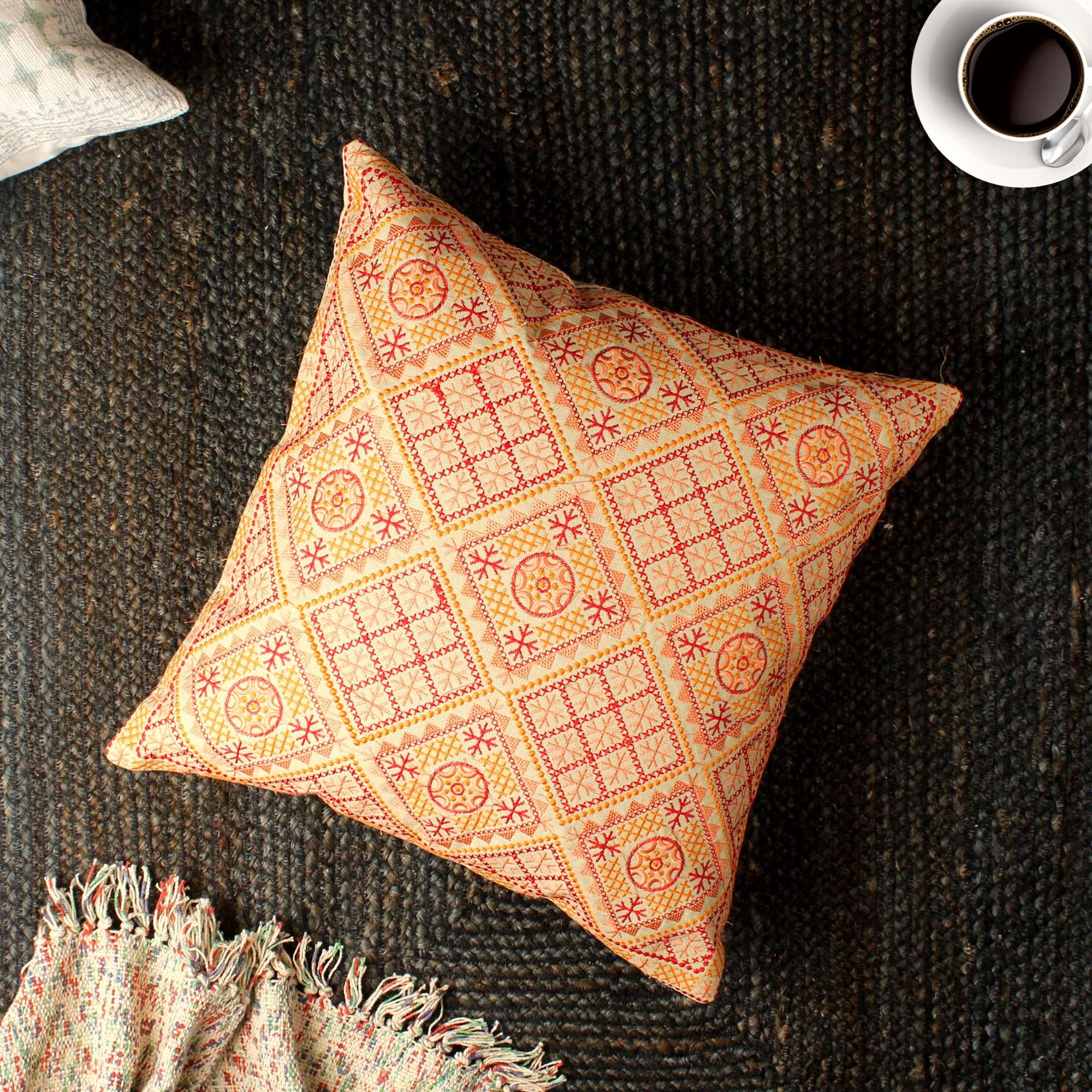Rust & Beige Embroidered Cotton Cushion Cover