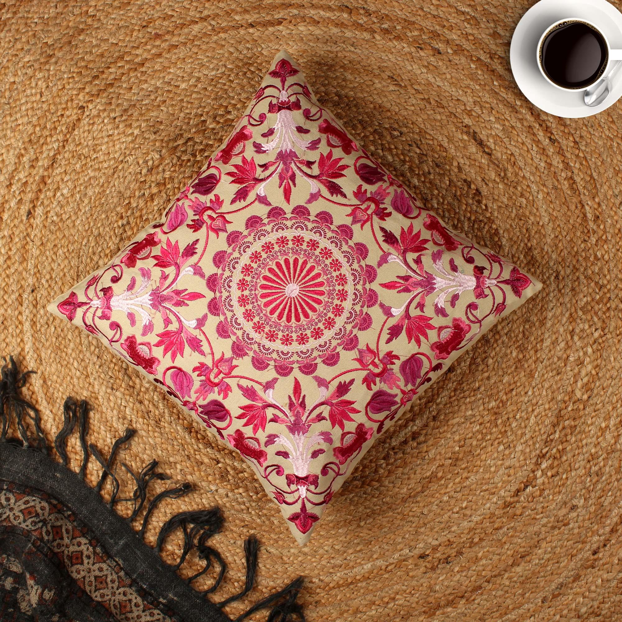 Pink Floral Embroidered Decorative Cushion Cover