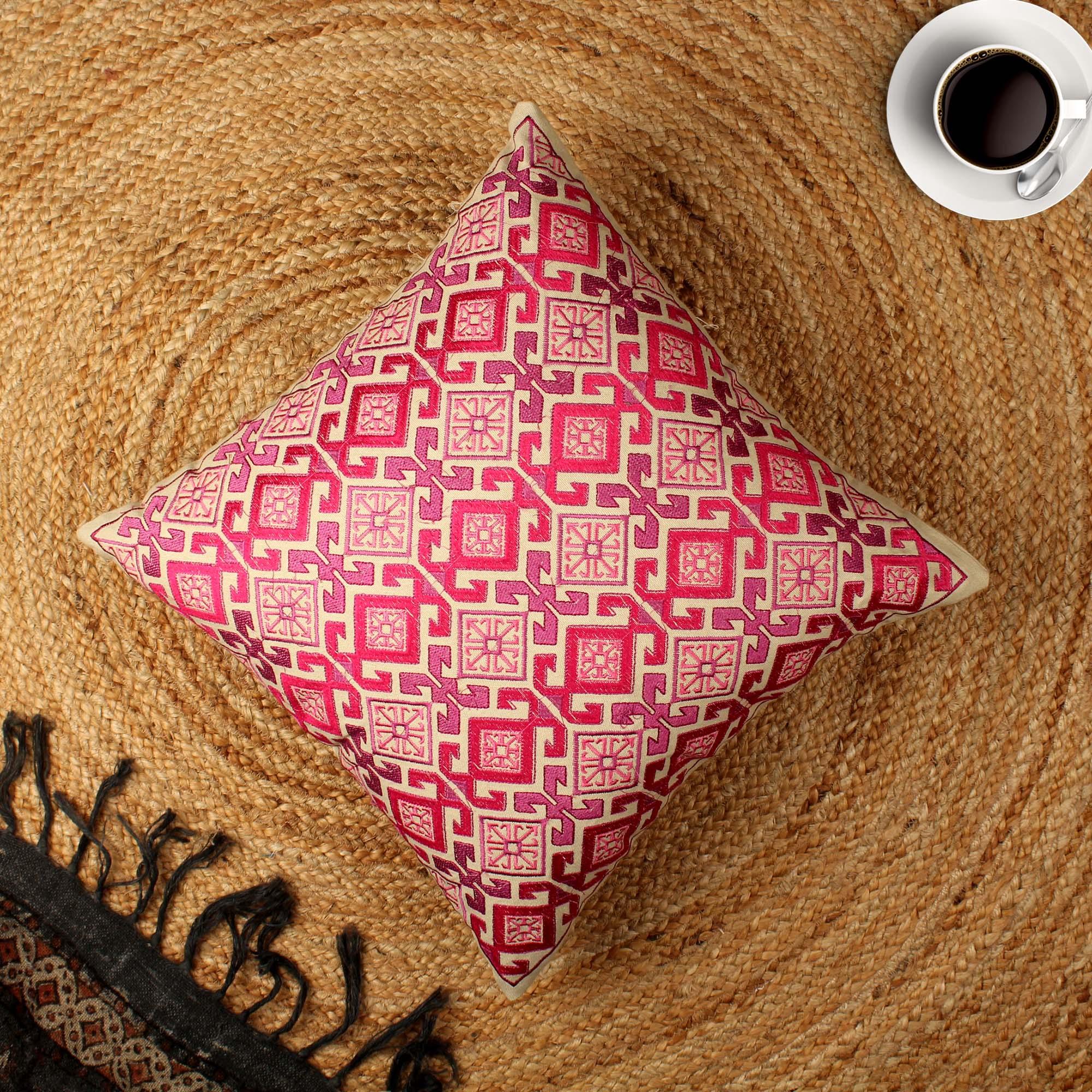 Pink Hand-Made Cotton Embroidered Cushion Cover