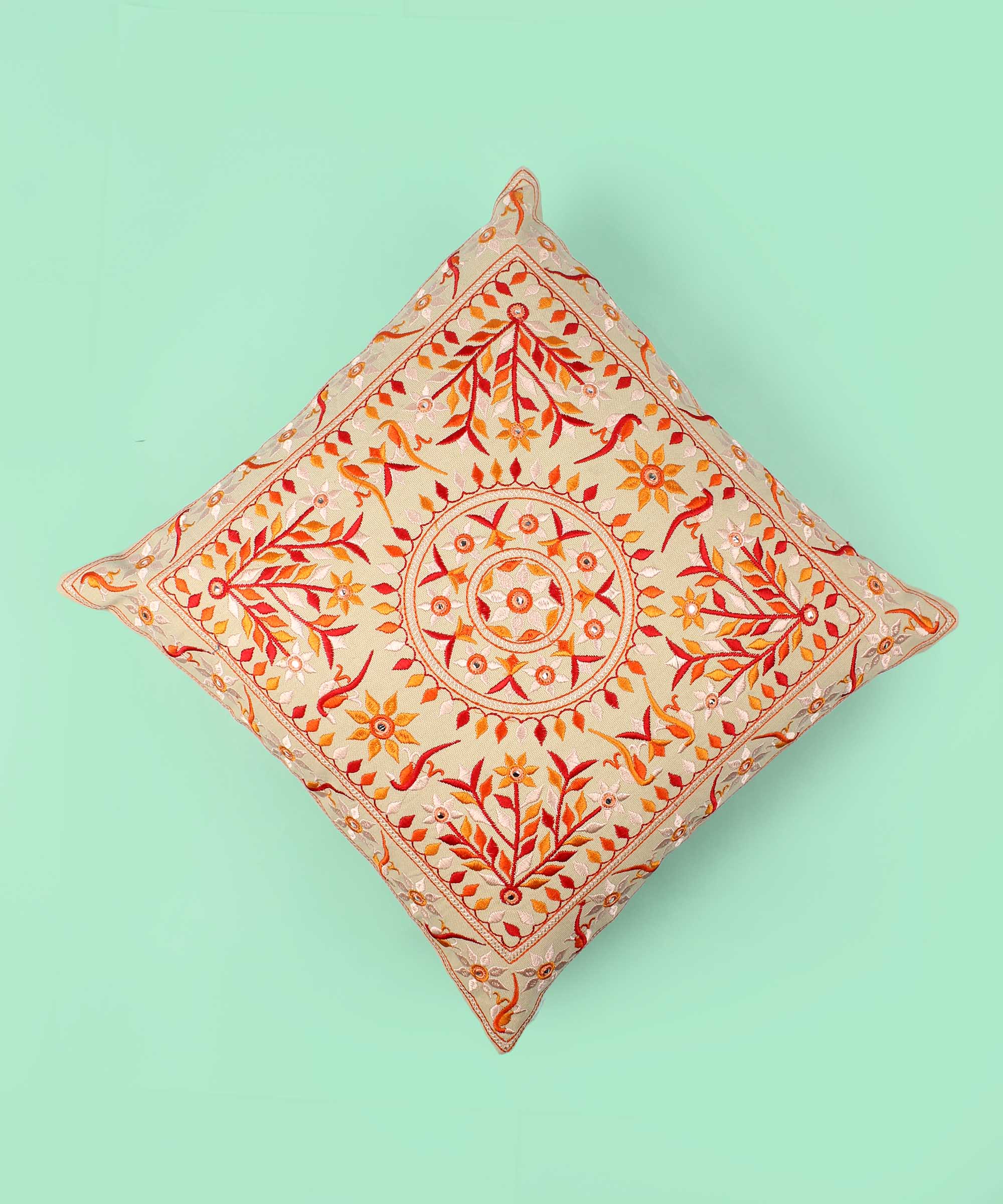 Beige Cotton Throw Pillow Cover with Warm Red and Yellow Floral Motif
